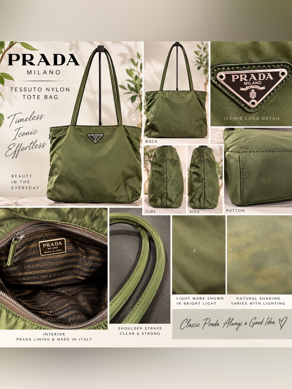 Prada Tessuto Nylon Tote Bag Olive Green Vintage triangle logo